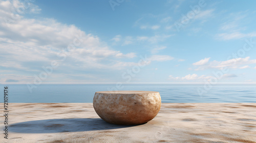 Round stone podium on sea view background. Stone podium for display product. Natural scenery landscape. Stone podium on rock platform.
Can use for cosmetic product branding, promotion and display.