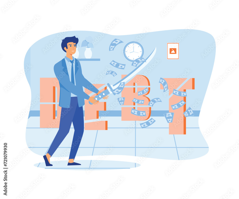 Cut debt Businessman cuts debt word with sword. Money flying, blue background. Reduce, cut and eliminate debt concept. flat vector modern illustration Cut debt Businessman cuts debt word with sword. Money flying, blue background. Reduce, cut and eliminate debt concept. flat vector modern illustration