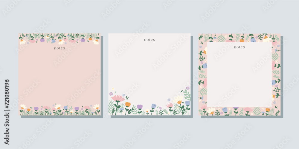 Spring memo notes concept print template. Pastel flat illustration. For spring letter, scrapbooking, invitation, greeting card. A4 format - obrazy, fototapety, plakaty 