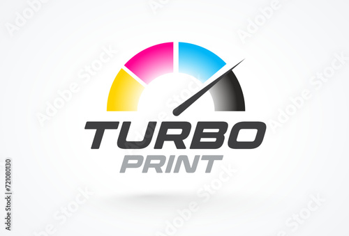 Logo Turbo Print. Speedometer colored CMYK. Express printing theme. Template design vector. White background.