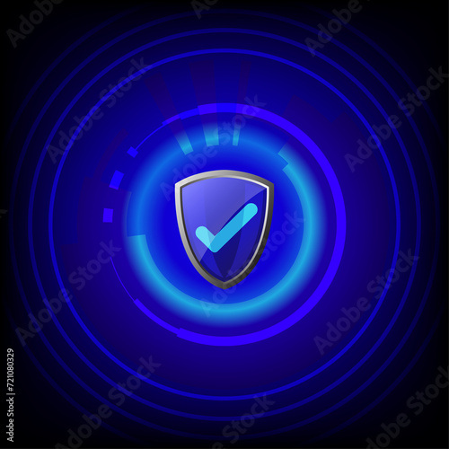 Blue shield protection icon with green check. Blue check protection shield, Protection, Safety Defense Security on abstract technology digital blue background.