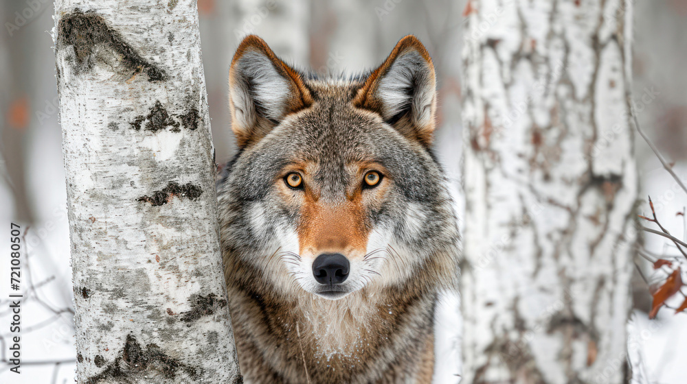 Fototapeta premium Intense gaze of a grey wolf standing among white birch trees in a snow-covered forest, showcasing wild beauty.
