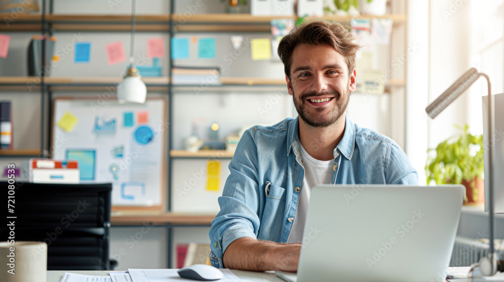 Joyful male entrepreneur working on laptop in a vibrant office space with sticky notes on the wall.