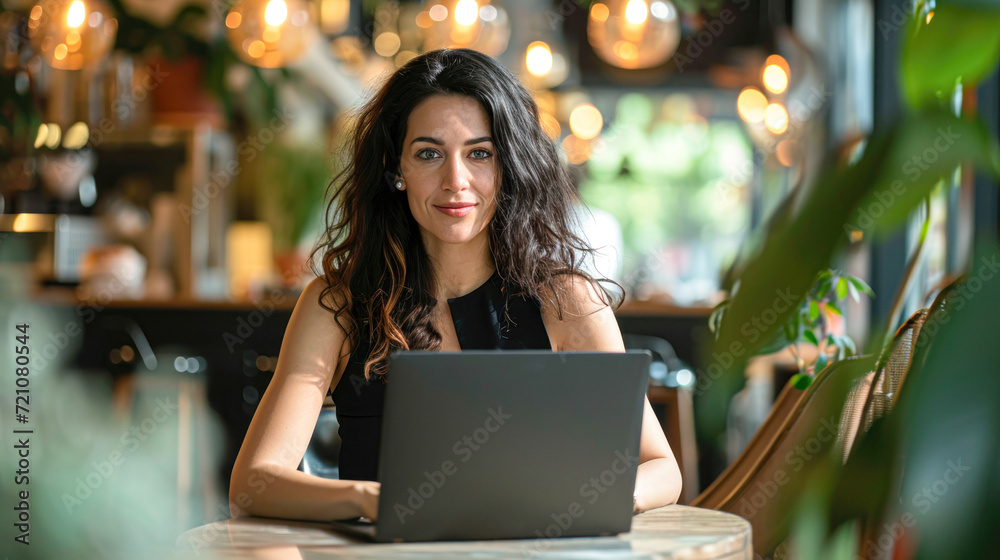 A radiant entrepreneur enjoys working on her laptop at a bustling cafe, her smile reflecting the satisfaction of a successful freelance career. A radiant entrepreneur enjoys working on her laptop at a bustling cafe, her smile reflecting the satisfaction of a successful freelance career.