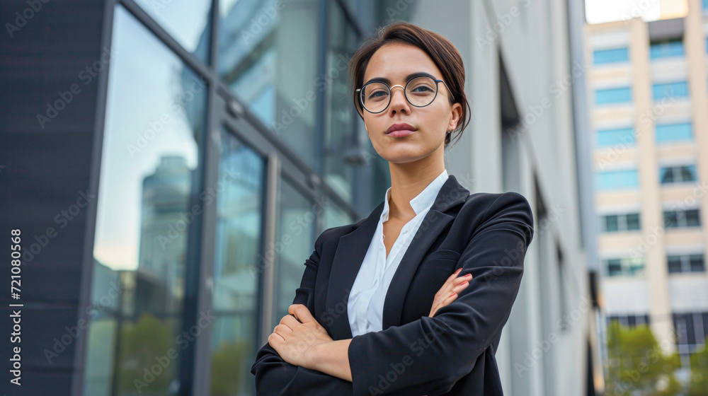 A young, professional businesswoman stands confidently in a bustling city environment, exuding leadership and ambition. A young, professional businesswoman stands confidently in a bustling city environment, exuding leadership and ambition.