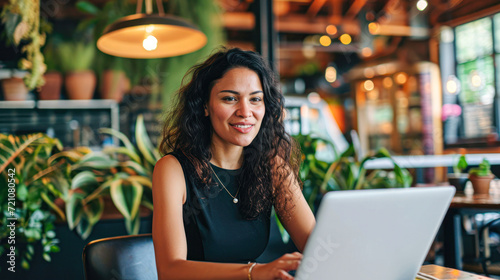 A radiant entrepreneur enjoys working on her laptop at a bustling cafe, her smile reflecting the satisfaction of a successful freelance career.