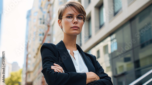 A young, professional businesswoman stands confidently in a bustling city environment, exuding leadership and ambition.