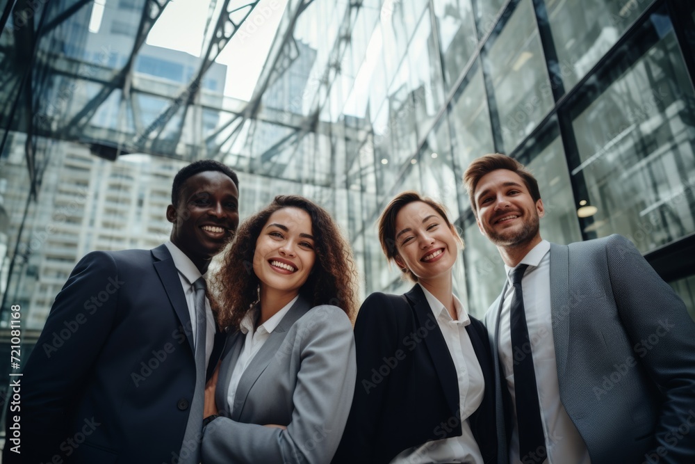 Confident business team outside modern office building Confident business team outside modern office building