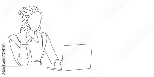 woman with laptop line art style vector illustration