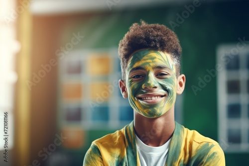 Smiling boy with face painted in yellow and green photo