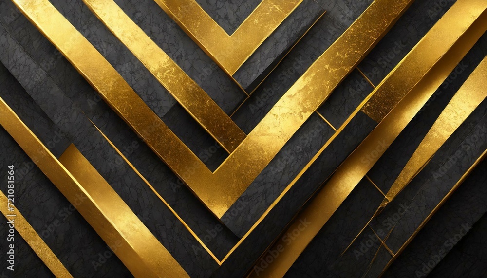 Abstract dark geometric 3D wall with gold and black textures in a