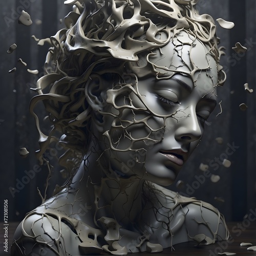 Depression concept, Imagination of surreal scene dark with broken human sculpture, digital artwork illustration. Generative AI