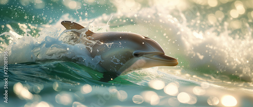 Dolphin jumping out of the water in the ocean. 