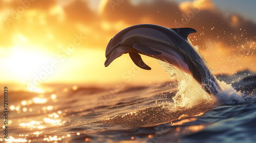 Dolphins jumping out of the water at sunset.  © An