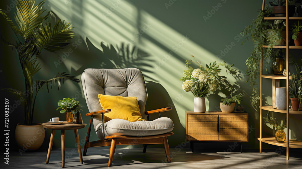 A refreshing setup with a chair, a table, and a cute plant against a soothing green backdrop, the details captured with precision by an HD camera, creating a calming atmosphere.