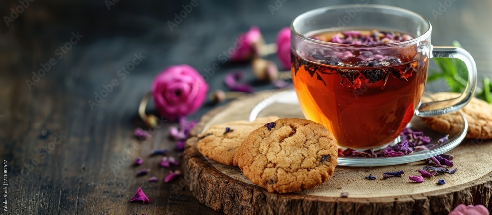 Herbal tea and cookie on wooden board. Herbal tea and cookie on wooden board.