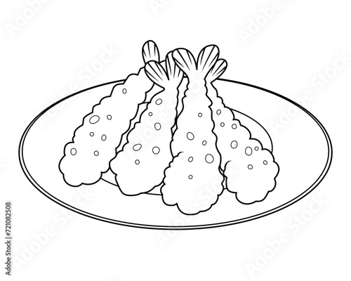 Tempura Shrimp Japanese Food Vector Cartoon Illustration BW