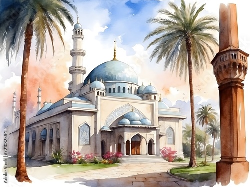watercolor painting of mosque