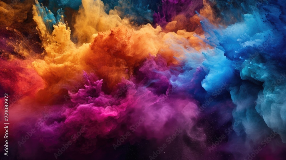 Explosive colored powder captured in a closeup, creating an abstract dust splash on a black backdrop, Ai Generated