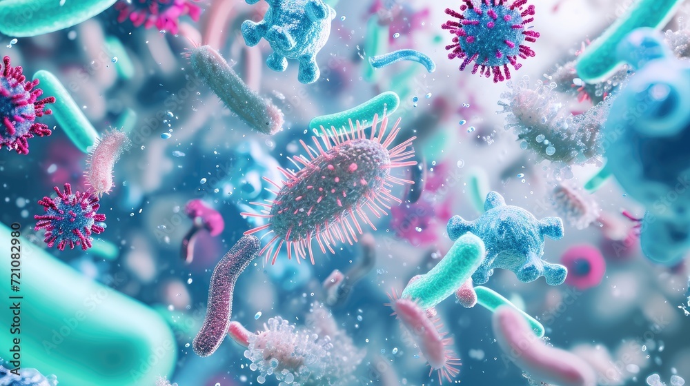 Fototapeta premium Abstract representation of bacteria, probiotics, gram-positive bacteria, and various viruses against a light background, Ai Generated.