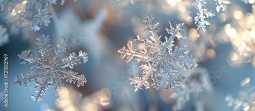Close-up of snowflakes on glass as a backdrop.