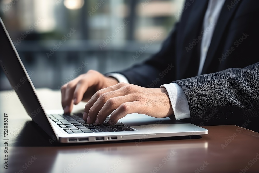 The hand of a businessman pressing a laptop keyboard on a table, a symbol of productivity, Ai Generated The hand of a businessman pressing a laptop keyboard on a table, a symbol of productivity, Ai Generated