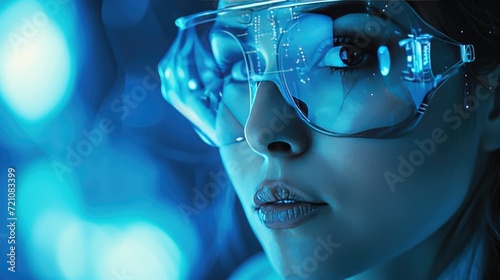 A woman wearing advanced high-tech gear in a striking blue setting, Ai Generated