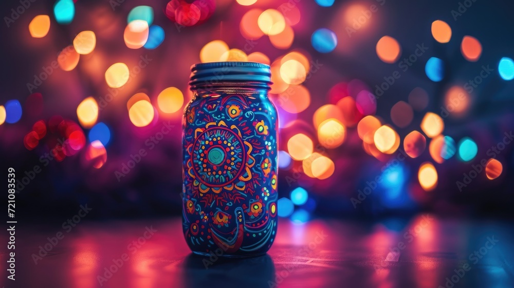 Colorfully designed jar in front of lights, creating a vivid and enchanting scene, Ai Generated Colorfully designed jar in front of lights, creating a vivid and enchanting scene, Ai Generated