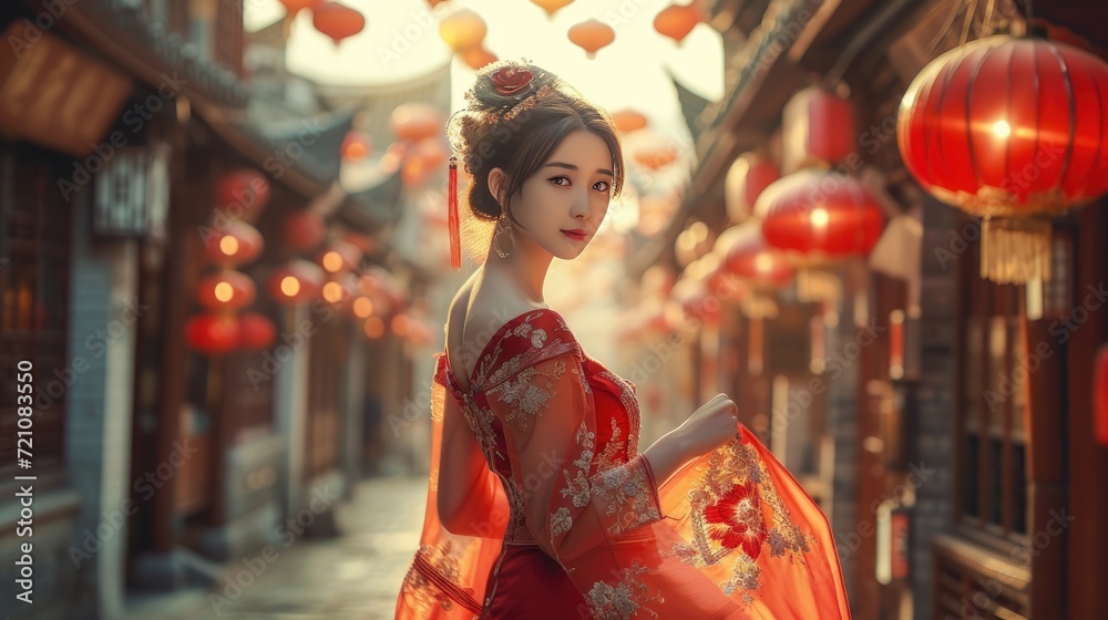 Striking figure of a woman in red dress on a street, showcasing poise and style, Ai Generated
