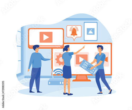 Smart tv technology with little people design concept. flat vector modern illustration 