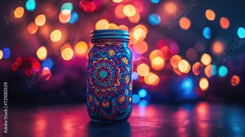 Colorfully designed jar in front of lights, creating a vivid and enchanting scene, Ai Generated