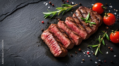 Experience culinary excellence with this succulent grilled beef fillet, elevated by herbs and spices against a striking dark canvas, Ai Generated.