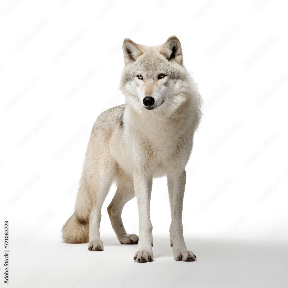 A wolf captured in a photo, vividly set against a pure white background, Ai Generated