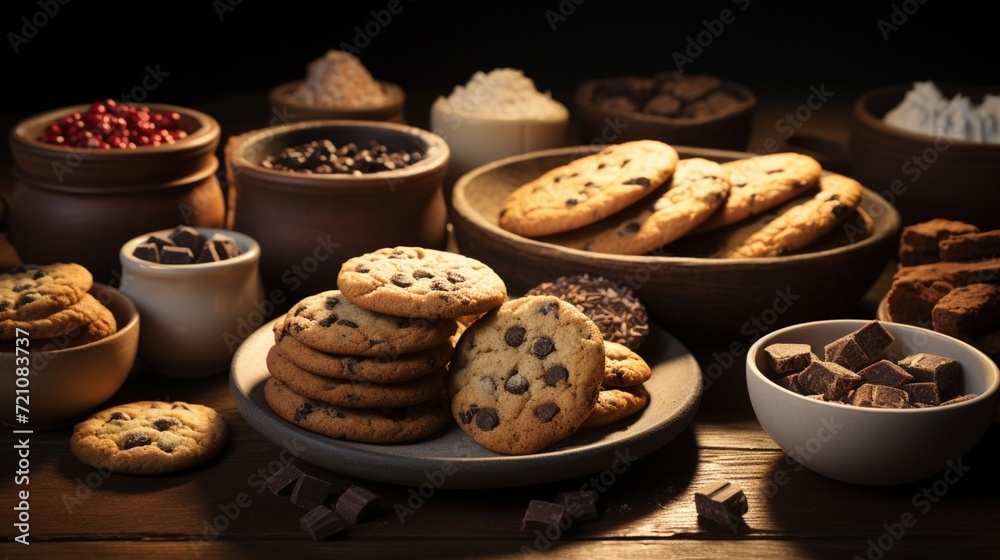 Warmth and Coziness: the chocolate chip cookies placed on a dark vintage wooden table, focusing on the warm and cozy atmosphere. 