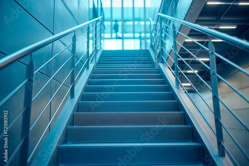 Blue-Hued Staircase with Metal Handrails