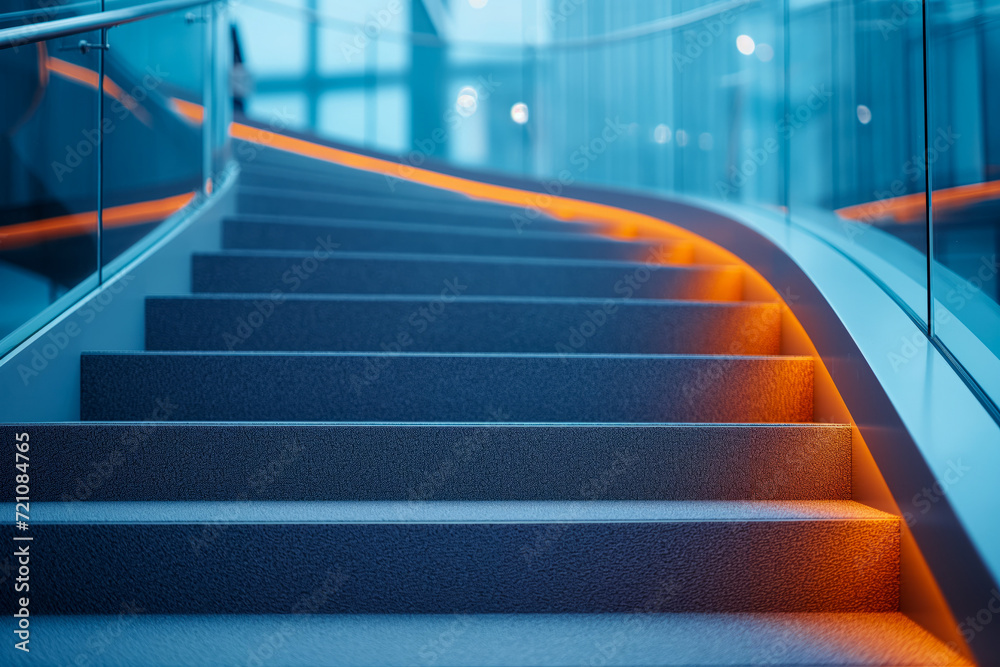 Fototapeta premium Blue-Toned Stairs with Glass Balustrade 