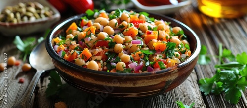 Moroccan salad in a bowl with carrot nuts, freshly made.