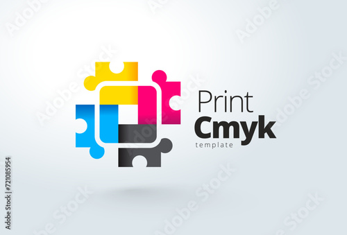 Logo Print CMYK color theme. Colored puzzles. Template design vector. White background.