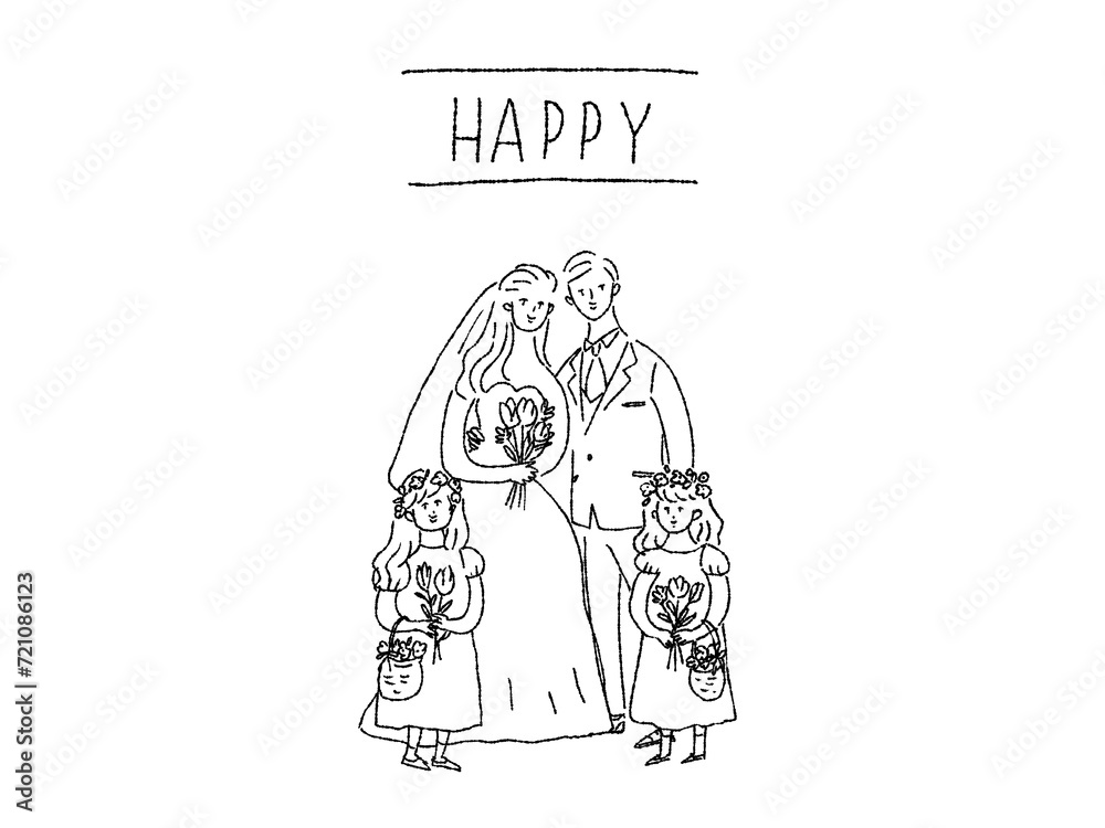 Obraz premium 寄り添う新郎新婦とフラワーガール、ウエディング、線画