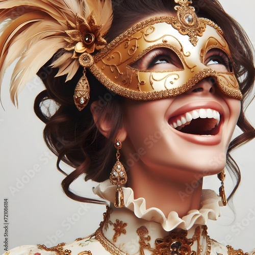 Happy venetian young lady wearing ornate masquerade mask on white background