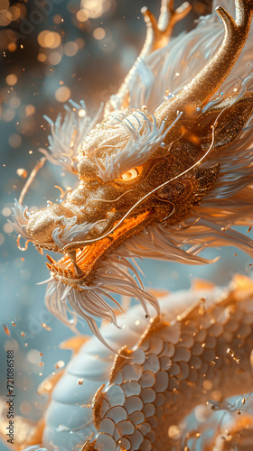 Golden dragon statue with golden bokeh background, close-up, chinese new year theme © wcirco