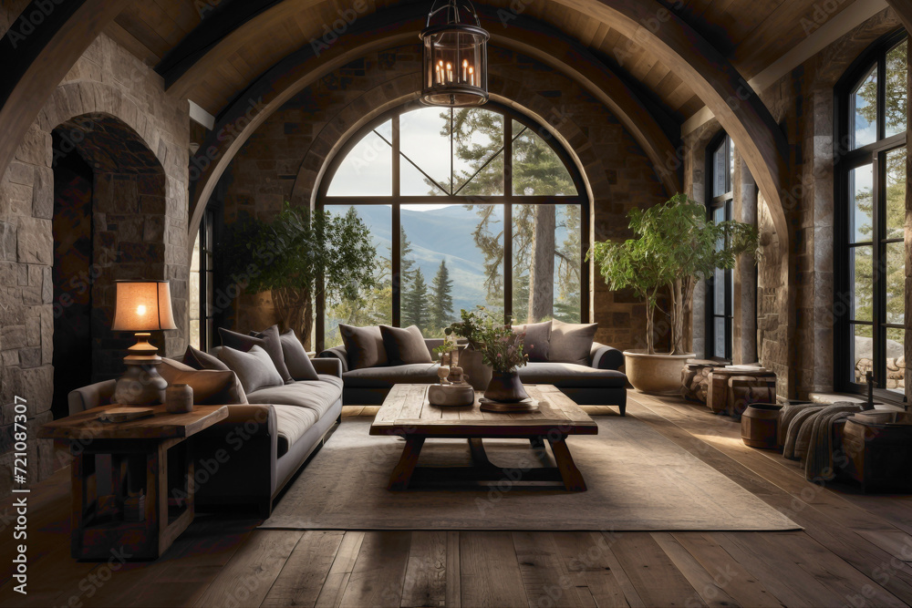 Visualize the rustic elegance of a modern farmhouse entrance hall featuring a timber beam ceiling and an arched door with a Mediterranean influence..
