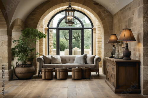 The stone-tiled floor complements the design, creating a timeless and inviting space with a hint of rustic elegance.
