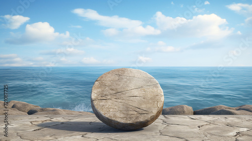 Round stone slate tray. Grey and white mix colors slate tray. Soft shadow. Scene to show products. Stone podium stand on rock floor with beautiful sea view.