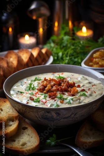 Clam Chowder with Smoked Bacon. Best For Banner, Flyer, and Poster