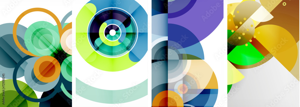 World of geometric elegance with abstract circle poster set. Circles intertwine in a symphony of shapes and colors, offering a contemporary visual feast for your design World of geometric elegance with abstract circle poster set. Circles intertwine in a symphony of shapes and colors, offering a contemporary visual feast for your design