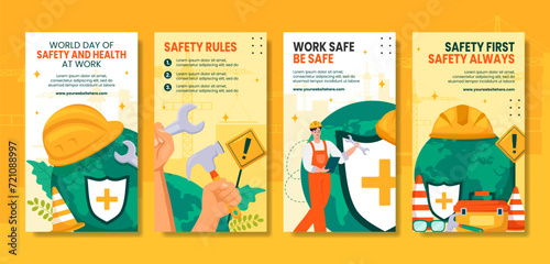 Safety and Health at Work Day Social Media Stories Cartoon Templates Background Illustration
