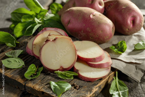 Red potatoes on a rustic background. photo