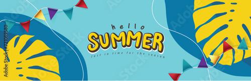 Summer promotion poster banner with summer tropical beach vibes background