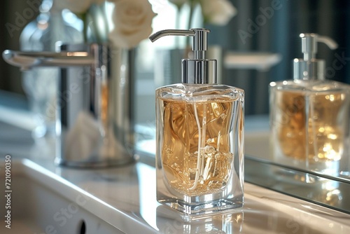 Elegant touch Close up of clear glass soap dispenser with luxurious liquid